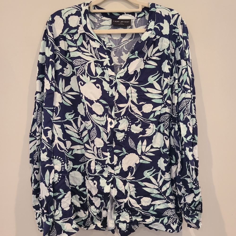 Lane Bryant Blue Foral Button Front Blouse